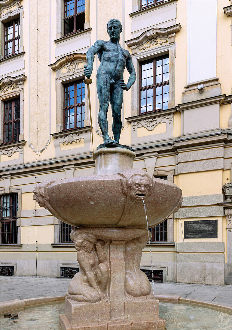 Universität (Uniwersytet) und Fechterbrunnen (Fontanna Szermierz) am Universitätsplatz (Uniwersytecki) im Universitätsviertel in der Altstadt (Stare Miasto) von Wrocław (Wroclaw, Breslau) in der Woiwodschaft Dolnośląskie in Polen