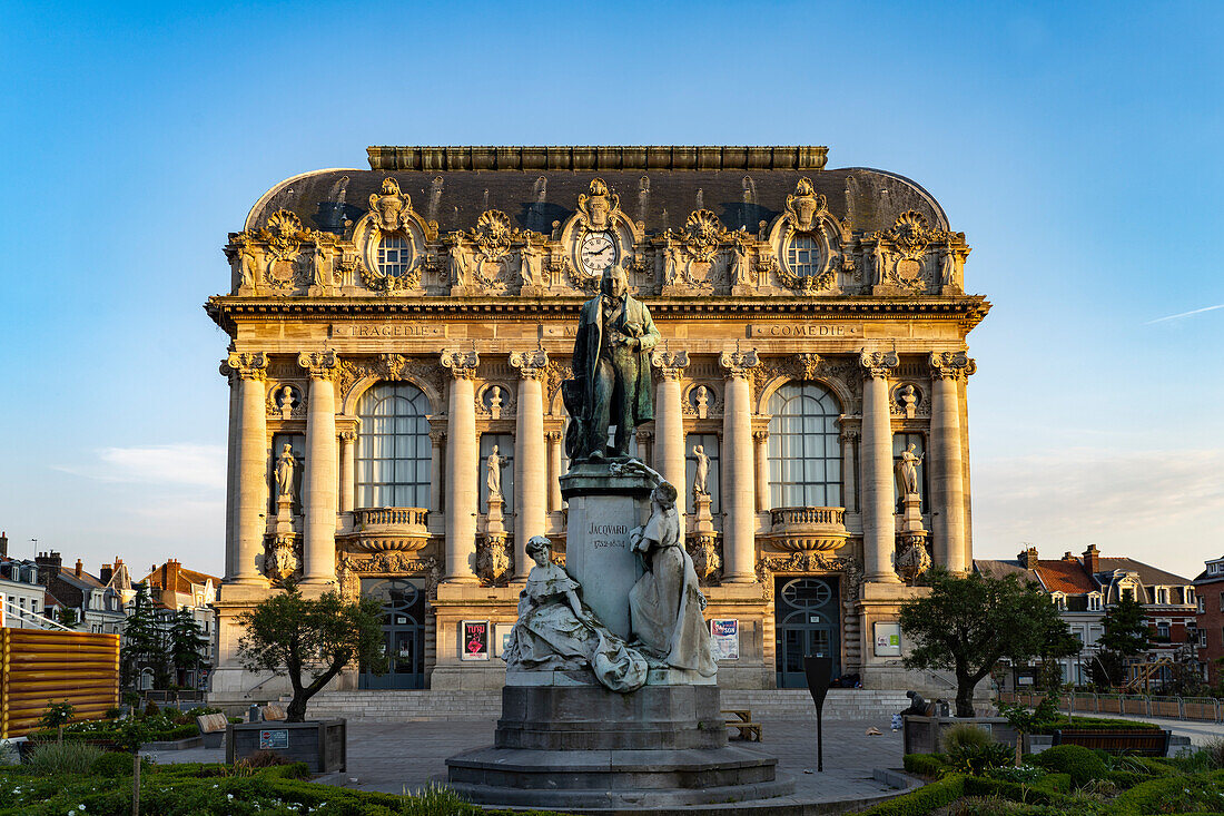 Statue of Joseph Marie Charles or Jacquard and the Theater of Calais, France
