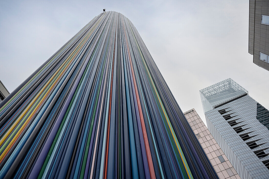 Sculpture Le Moretti (longs tubes de couleur), modern high-rise district La Défense in Paris, Île-de-France, France, Europe