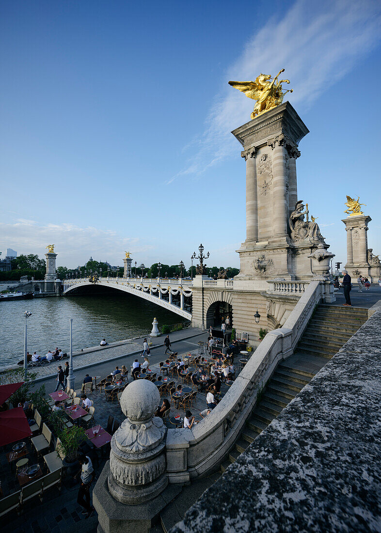 Artfully designed arch bridge Pont Alexandre III, Seine banks, Paris, Île-de-France, France, Europe, UNESCO World Heritage
