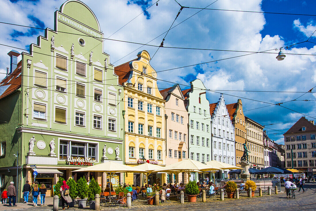 Augsburg, Maximilian Street in the center, with street restaurants, in summer, romantic street, Bavaria, Germany