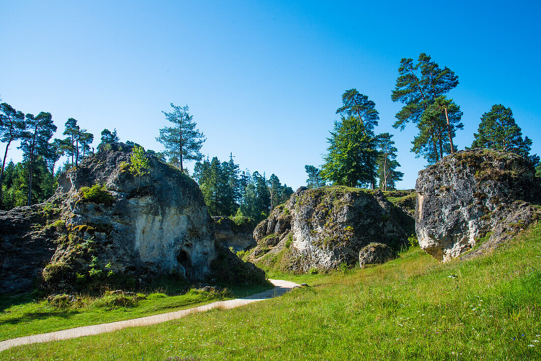 Swabian Ostalb, Wental, hiking in the Felsenmeer, and nature reserve, Baden Württemberg, Germany