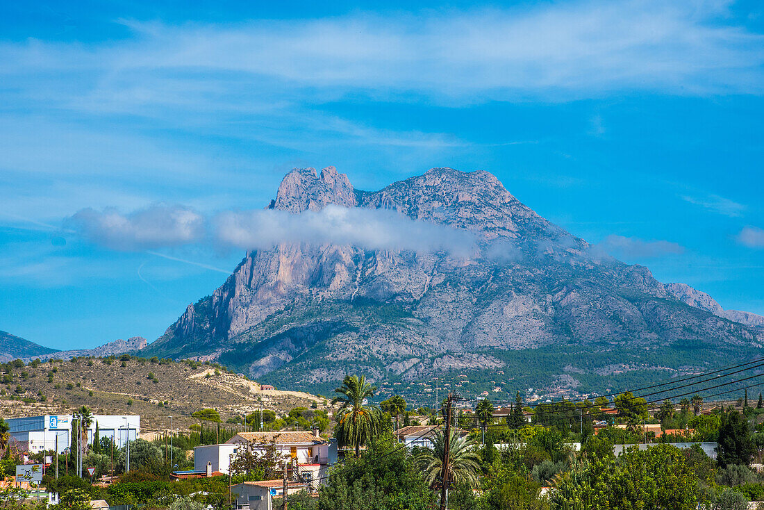 Puig Campana, at 1408 meters the second highest mountain on the Costa Blanca, with veils of clouds, Spain