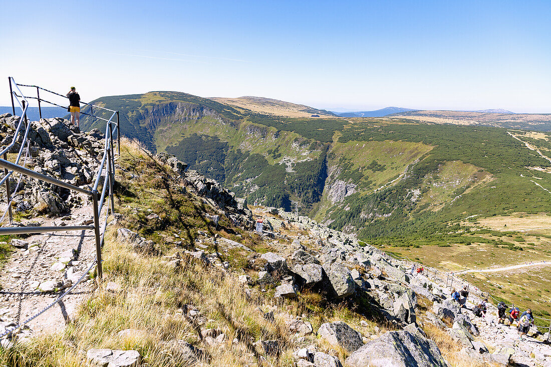 Viewpoint and mountain landscape on the hiking trail to the summit of Snieżka (Śnieżka; Sniezka) in the Giant Mountains National Park (Karkonoski Park Narodowy) in the Dolnośląskie Voivodeship of Poland