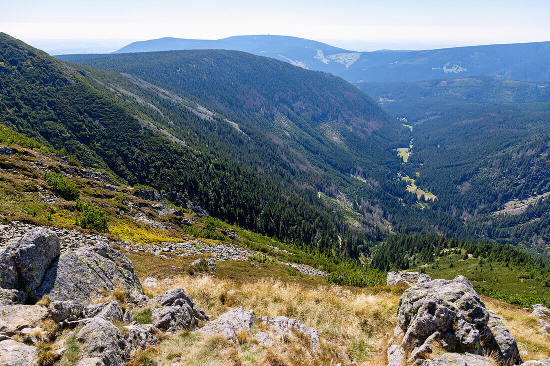 Mountain landscape on the hiking trail to the summit of Sněžka (Śnieżka; Sniezka) in the Giant Mountains National Park (Karkonoski Park Narodowy) in the Dolnośląskie Voivodeship of Poland