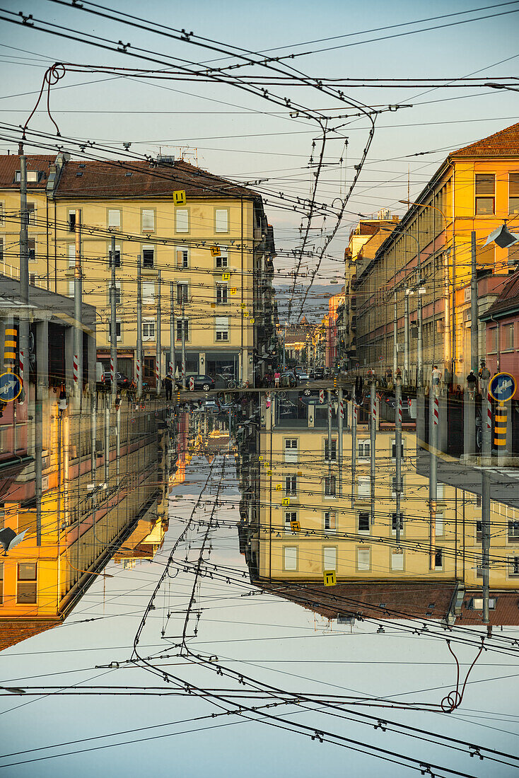 Double exposure of the trolley bus ranging station and it's powerlines in Geneva, Switzerland.