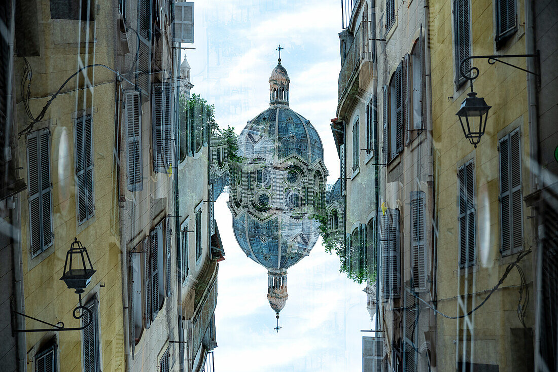 Double exposure of a large building in Marseille, France.