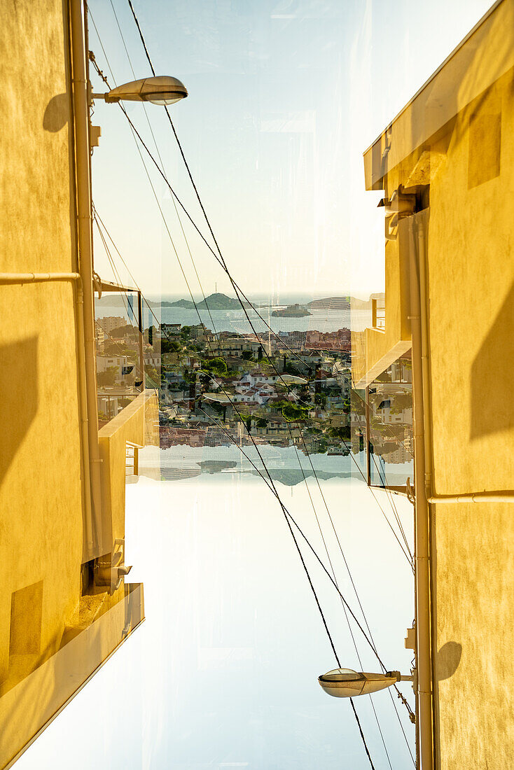 Double exposure of Marseille and the Mediterranean sea, France.