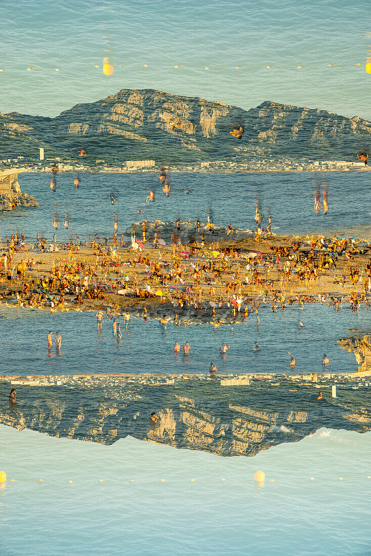 Double exposure of people bathing in the Mediterranean sea near Marseille, France