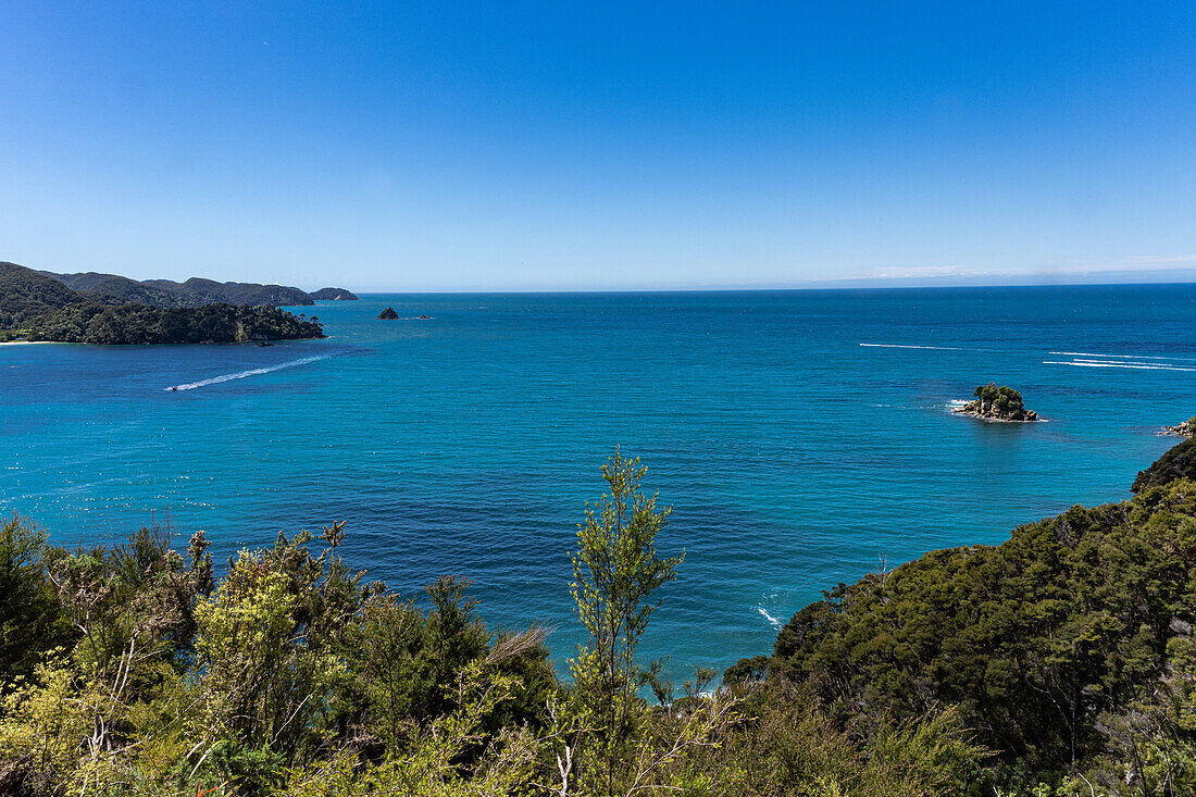 Blick auf den Abel-Tasman-Nationalpark von Wanderwegen im Park in der Nähe des Nelson Tasman Nationalpark auf der Südinsel Neuseeland