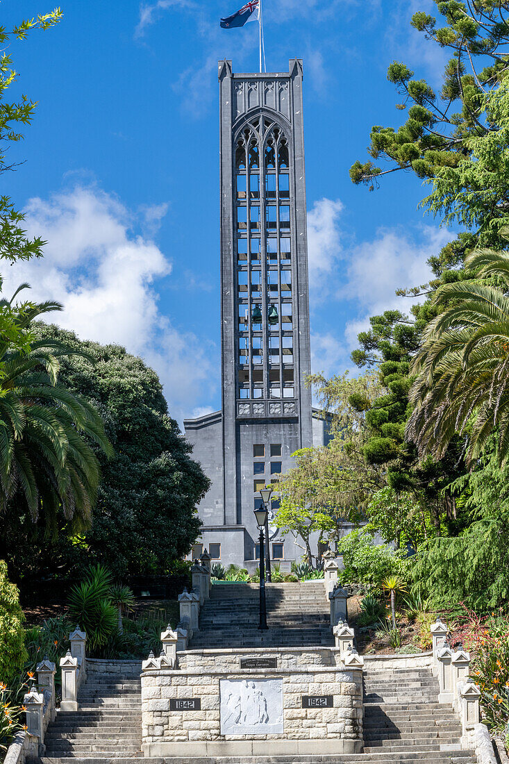 Blick auf den Turm der anglikanischen Kathedrale der Christ Church in Nelson, Neuseeland