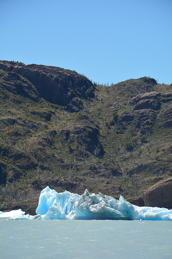 Chile; Southern Chile; Magallanes region; Mountains of the southern Cordillera Patagonica; Torres del Paine National Park; Lake Grey; in the foreground iceberg; rocky hilly landscape in the background