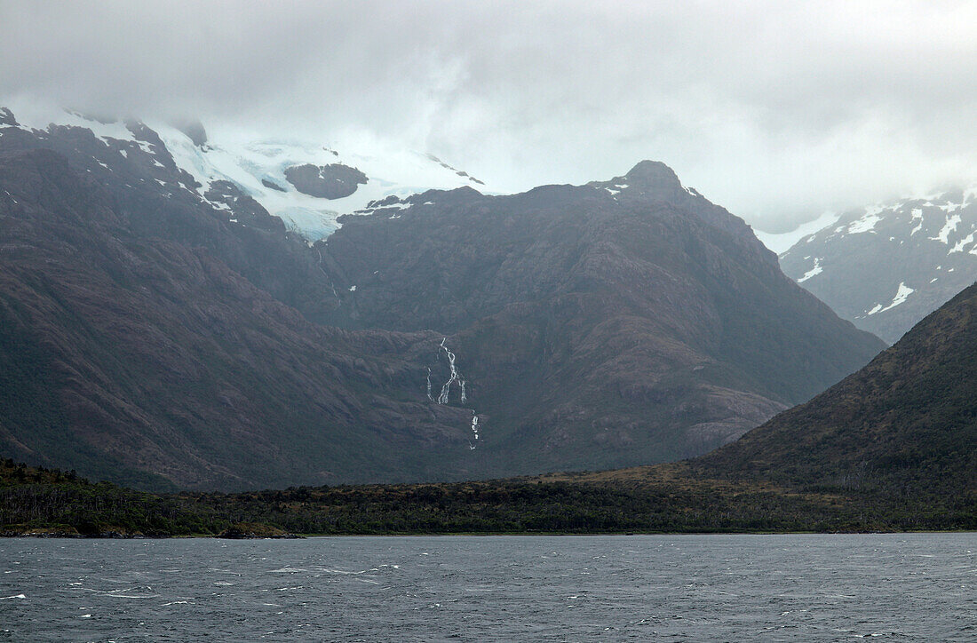 Chile; Southern Chile; Magallanes region; Mountains of the southern Cordillera Patagonica; Canal Union; View of the foothills of the glaciers of Campo de Hielo Sur