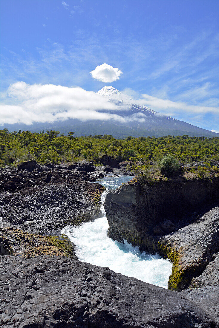 Chile; Südchile; Region Los Lagos; zwischen dem Lago Llanquihue und dem Lago Todos Los Santos; bei Petrohue; Nationalpark Vicente Perez Rosales; Wasserfälle von Petrohue; Blick auf den Vulkan Osorno