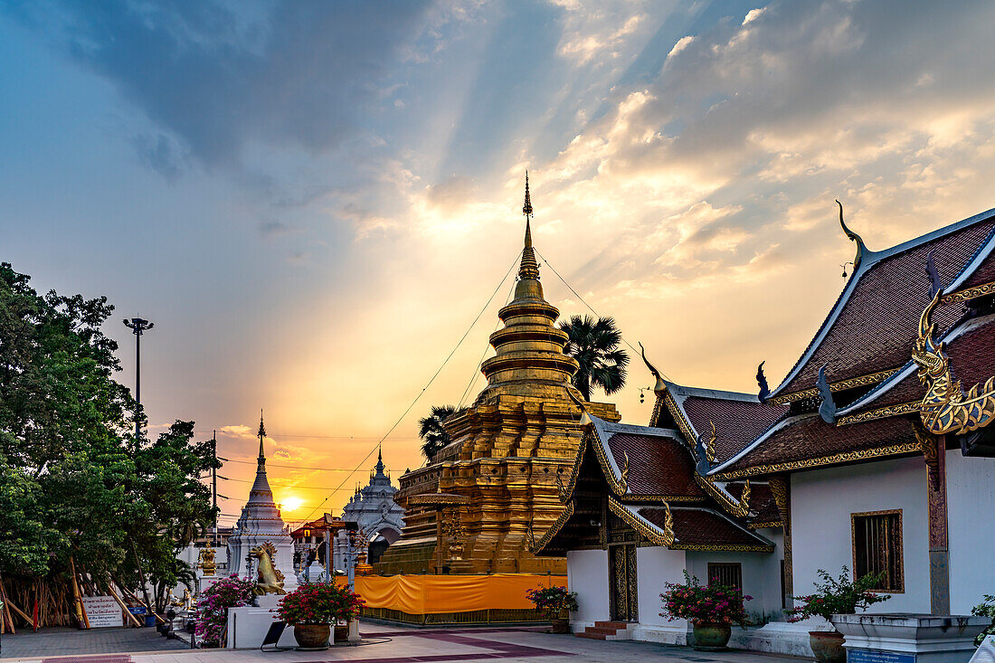 Sonnenuntergang am goldene Chedi des buddhistischen Tempel Wat Phra That Si in Chom Thong, Thailand, Asien  