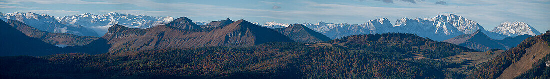 Mountain panorama in autumn with snow-covered Hohen Goell and Watzmann in the background, Upper Austria, Austria