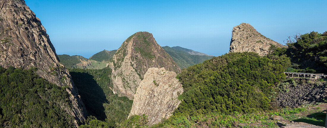 Los Roques; Due to erosion, only the lava that solidified into hard phonolite in the chimney has been preserved from the former volcanoes, La Gomera, Canary Islands, Spain,