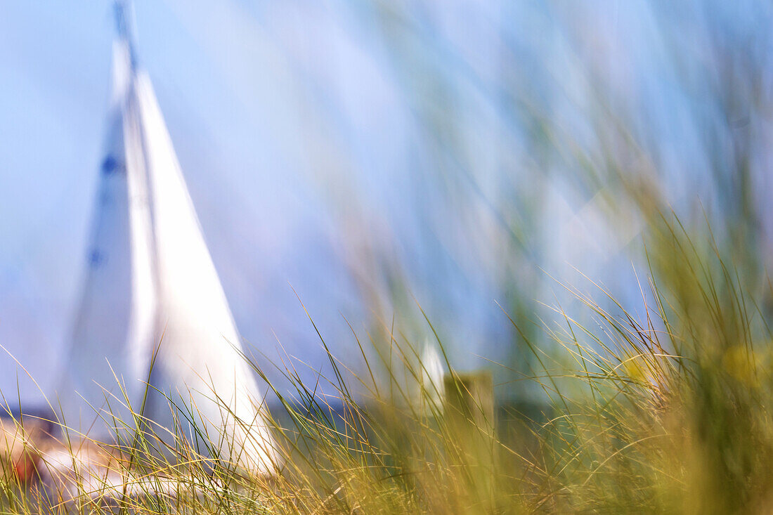 Segelboot in Unschärfe vor Dünen, Ostsee, Schleswig-Holstein