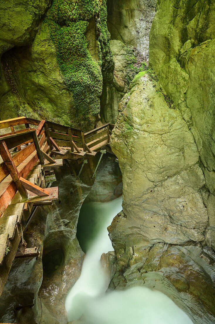 Holzsteg führt durch die Seisenbergklamm, Seisenbergklamm, Weißbach, Route der Klammen, Berchtesgadener Alpen, Salzburg, Österreich