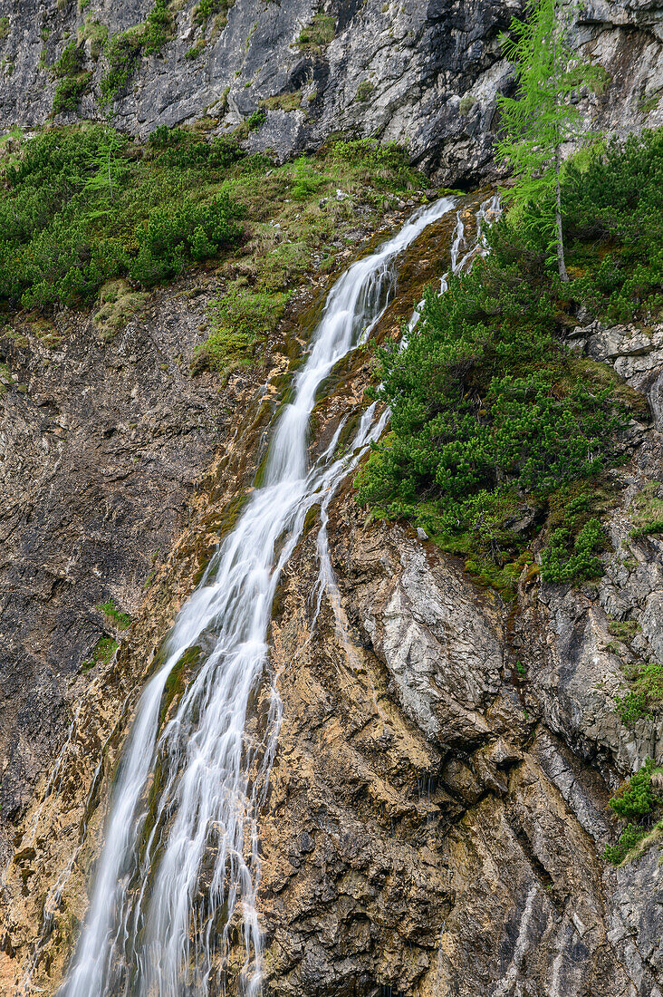 Brünnwandquelle fließt als Wasserfall über Felswand, Riedingtal, Lungau, Niedere Tauern, Salzburg, Österreich