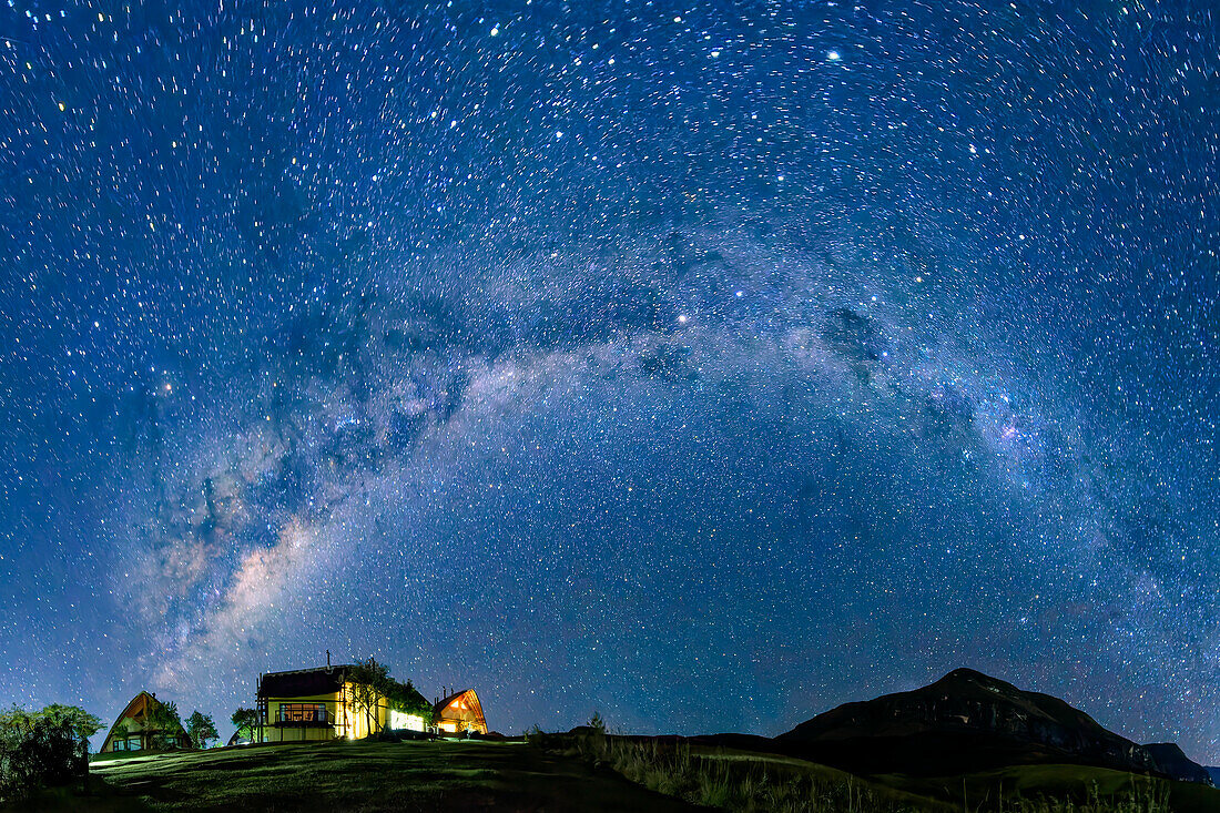 Starry sky with Milky Way over Lodges of Didima, Didima, Cathedral Peak, Drakensberg, Kwa Zulu Natal, UNESCO World Heritage Site Maloti-Drakensberg, South Africa