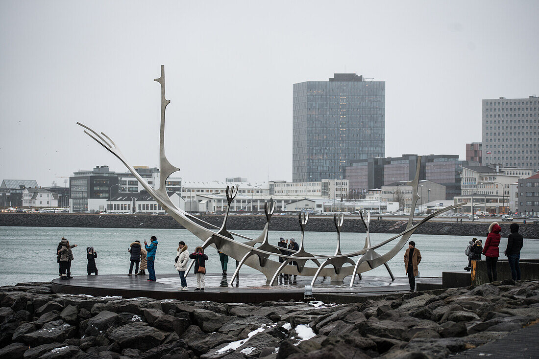 The Sun Voyager (Icelandic: Sólfar) is a sculpture by Jón Gunnar Árnason, located next to the Sæbraut road in Reykjavík, Iceland. Sun Voyager is described as a dreamboat, or an ode to the Sun. The artist intended it to convey the promise of undiscovered territory, a dream of hope, progress and freedom.\nReykjavik, Iceland.