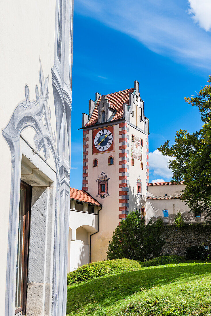 Hohes Schloss clock tower, old town, Füssen, Allgäu, Bavaria, Germany