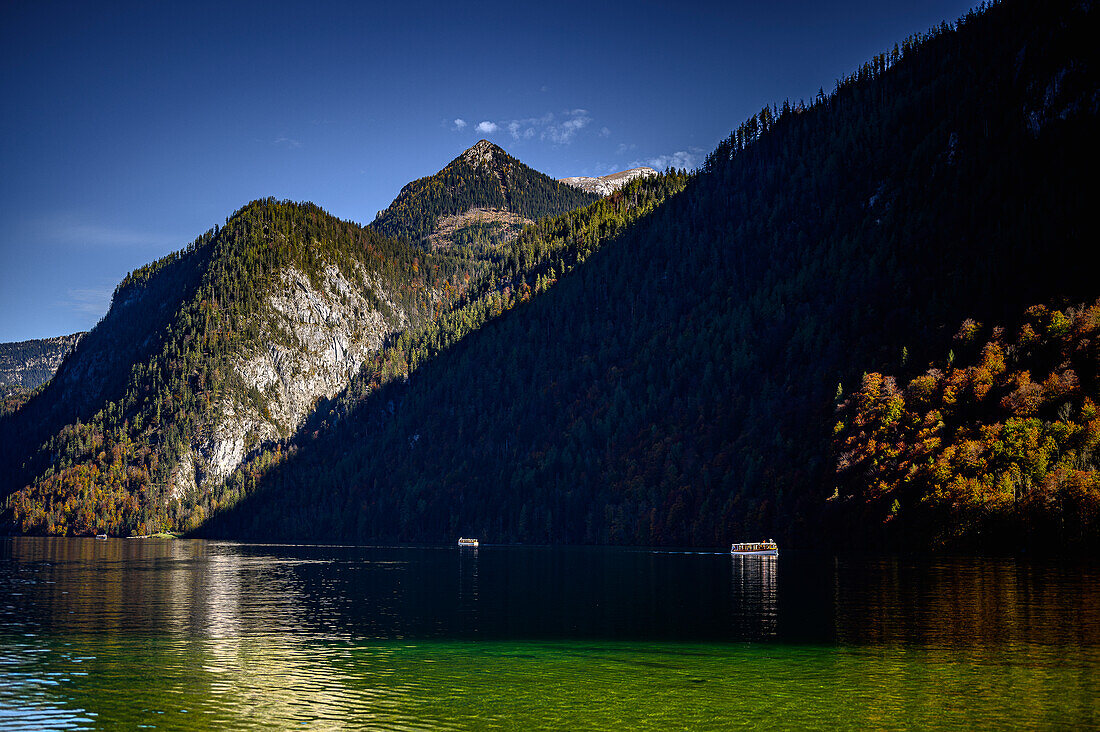 Tourist boat trip/shipping on the Königssee, Königssee with St. Bartholomä Church in front of the Watzmann east wall, Königssee, Berchtesgaden National Park, Berchtesgaden Alps, Upper Bavaria, Bavaria, Germany