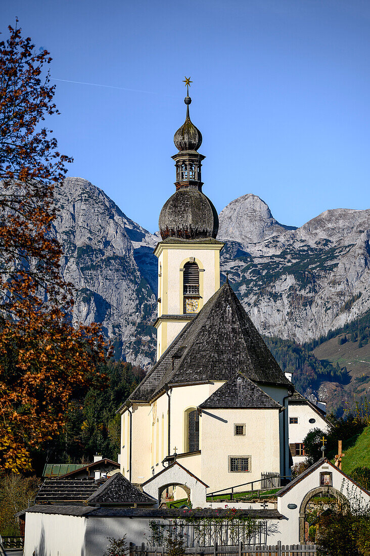Parish Church of St. Sebastian, Ramsau near Berchtesgaden, at the Watzmann and Königssee, Berchtesgaden National Park, Berchtesgaden Alps, Upper Bavaria, Bavaria, Germany