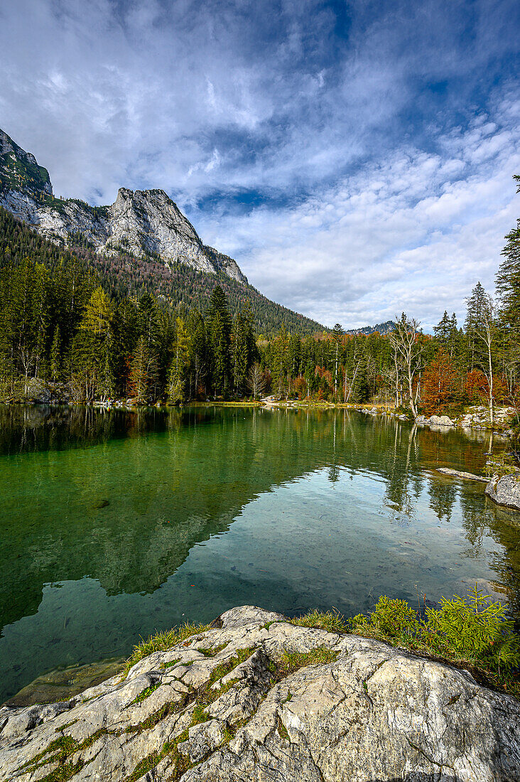 View of Hintersee, wall nature trail on the stream/river Ramsauer Ache, hiking in the magic forest on Hintersee in the mountaineering village of Ramsau. Ramsau near Berchtesgaden, at the Watzmann and Königssee, Berchtesgaden National Park, Berchtesgaden Alps, Upper Bavaria, Bavaria, Germany