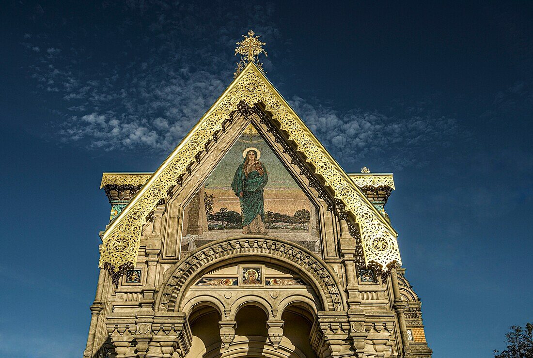 Tower of the Russian Chapel with portrait of Saint Mary Magdalene in the evening light, Mathildenhöhe, Darmstadt, Hesse, Germany