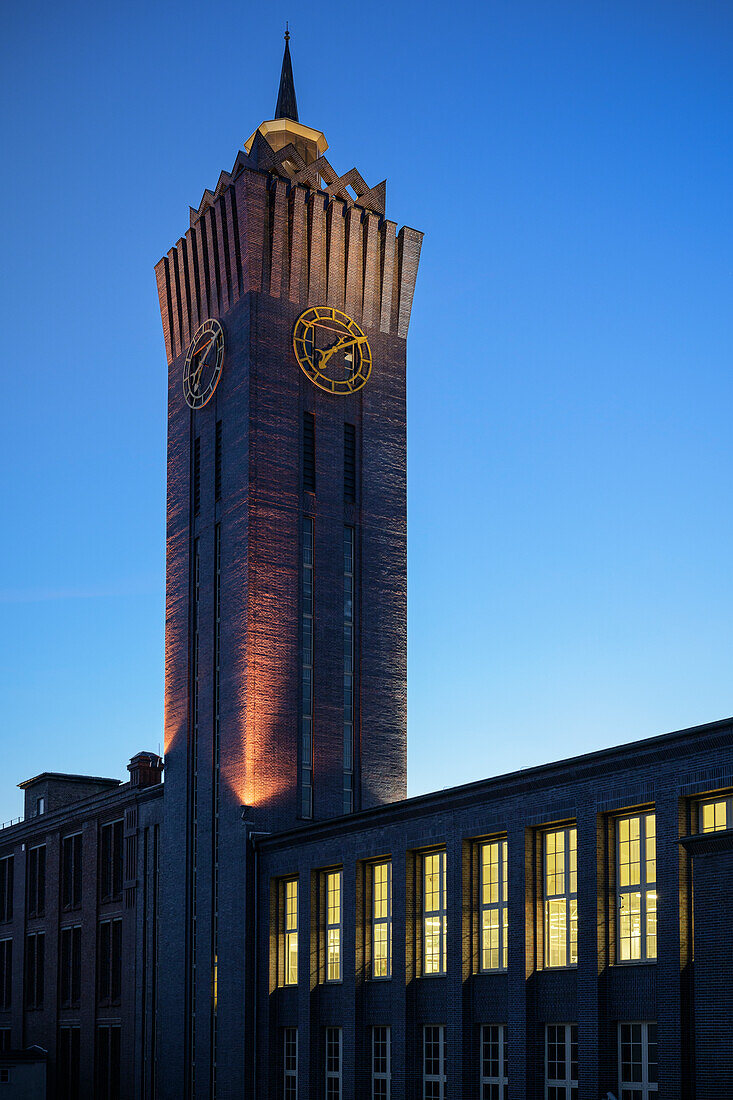 Expressionist elevator and clock tower of the Wirkbau, Chemnitz, Saxony, Germany, Europe