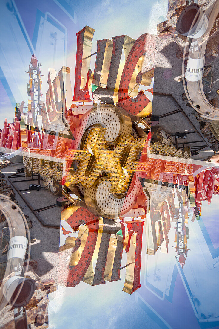 Double exposure of abandoned and discarded neon Lucky sign in the Neon Museum aka Neon boneyard in Las Vegas, Nevada.