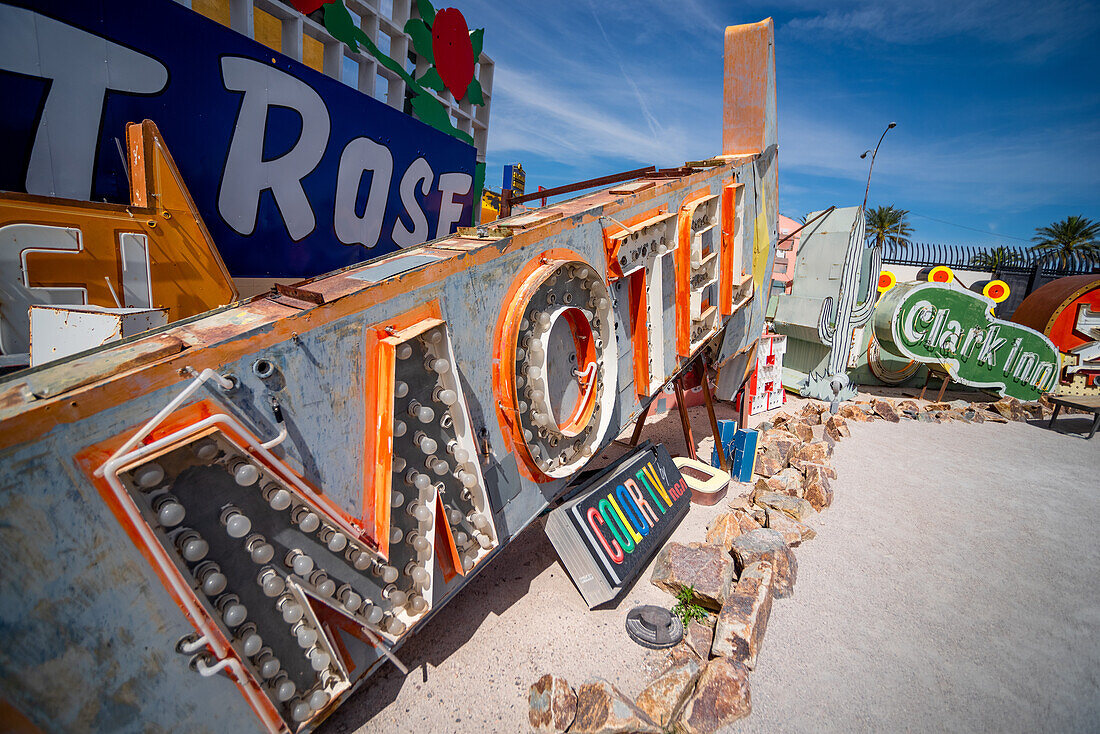 Abandoned and discarded motel sign in the Neon Museum aka Neon boneyard in Las Vegas, Nevada.