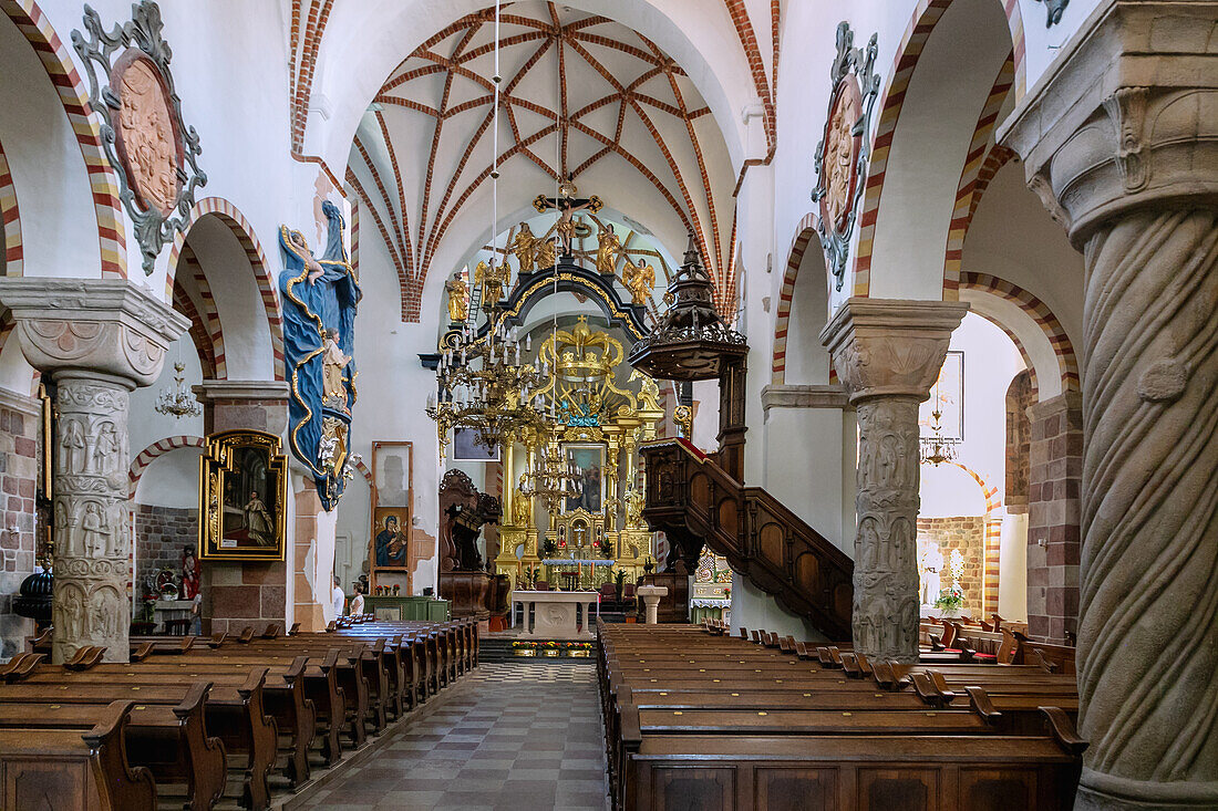 Romanesque columns with figurative reliefs in the interior of the Church of the Holy Trinity (Kościół Świętej Trójcy, Kosciol Sw. Troicy) in Strzelno (Strelno) in the Kuyavian-Pomeranian Voivodeship in Poland