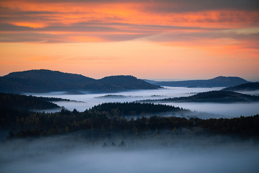 Dämmerung am Rötzensteinpfeiler, Pfälzerwald, Rheinland-Pfalz, Deutschland