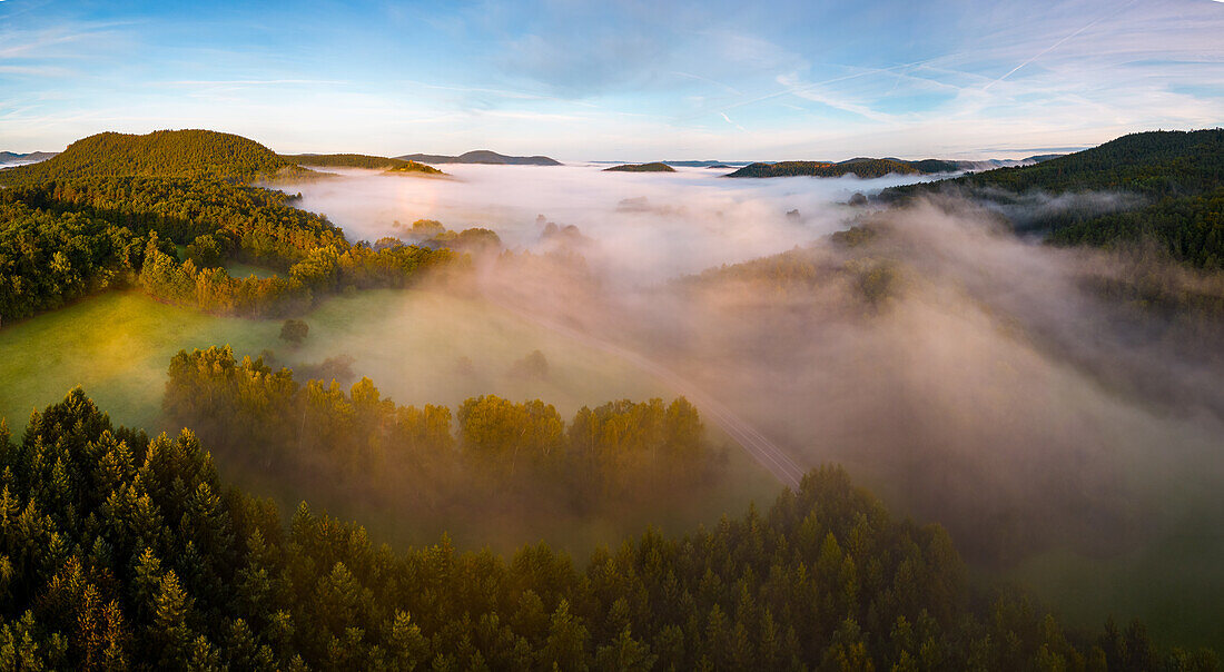 Cloud forest panorama, Erlenbach, Palatinate Forest, Rhineland-Palatinate, Germany