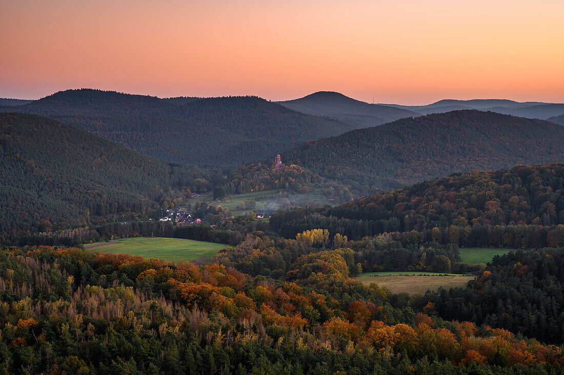 Herbstliche Abenddämmerung bei Erlenbach, Pfälzerwald, Rheinland-Pfalz, Deutschland