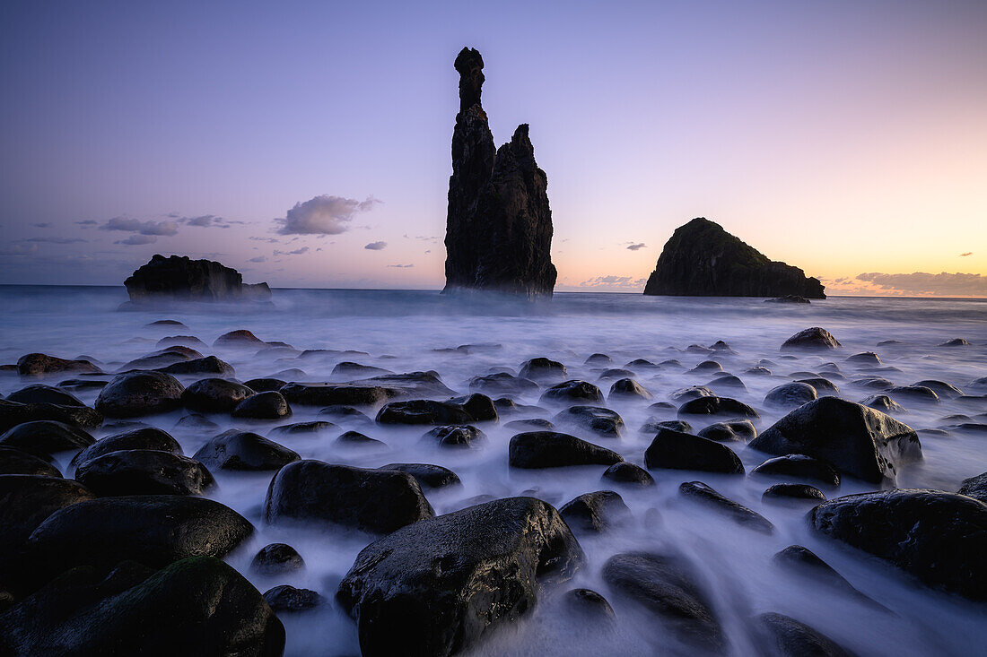 Rock spire at morning twilight, Madeira, Portugal