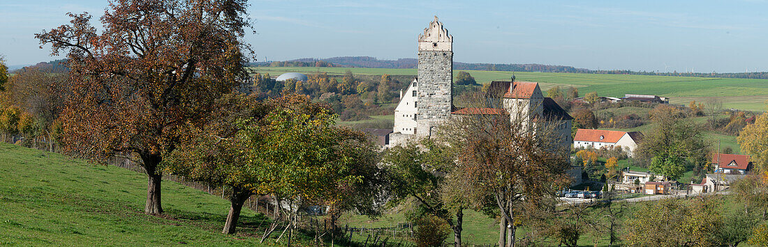 Katzenstein Castle embedded in the landscape of the Ries-Alb, Baden-Württemberg, Germany