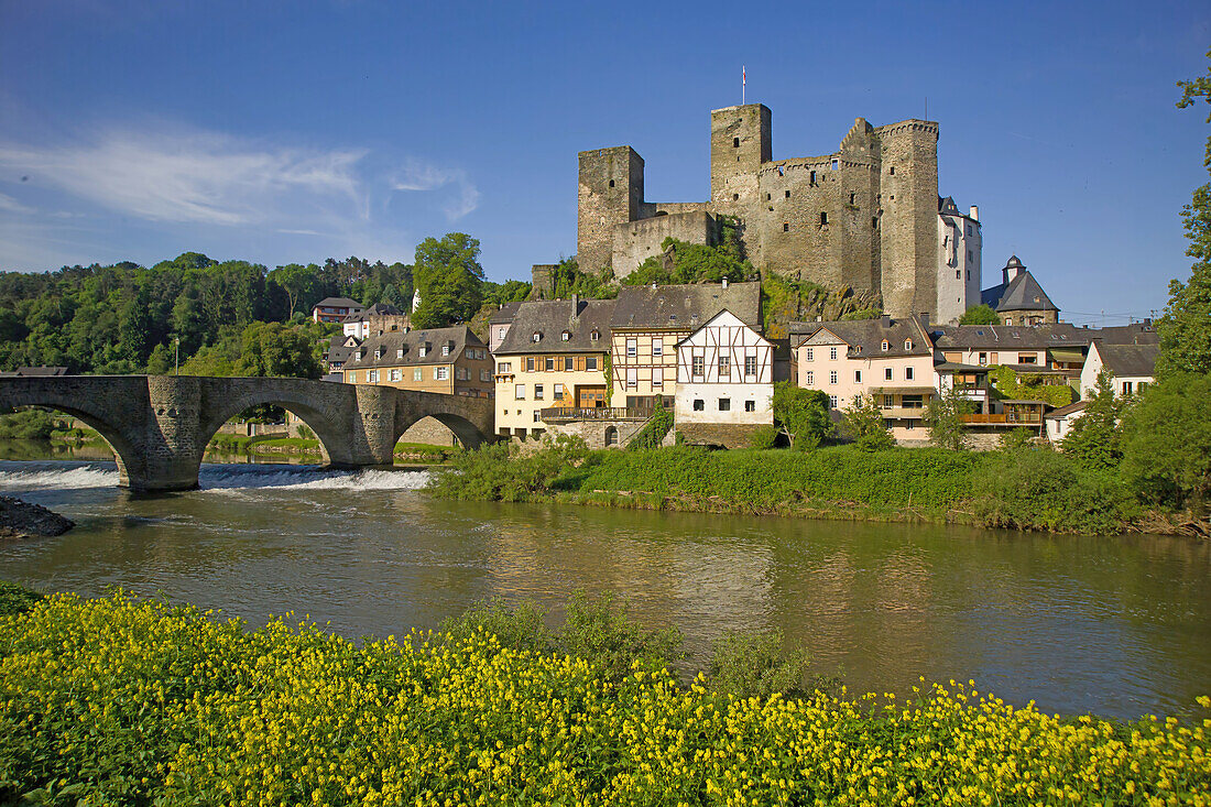 Runkel Castle dominates the town of the same name on the Lahn, Hesse, Germany