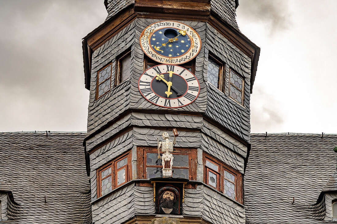  Moon clock on the lancet tower of the New Town Hall in Ochsenfurt, Lower Franconia, Bavaria, Germany 