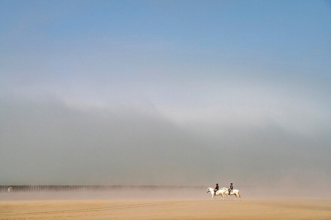 Reiter im Nebel am Strand Plage du Chatelet an der Côte d’Opale oder Opalküste in Tardinghen, Frankreich