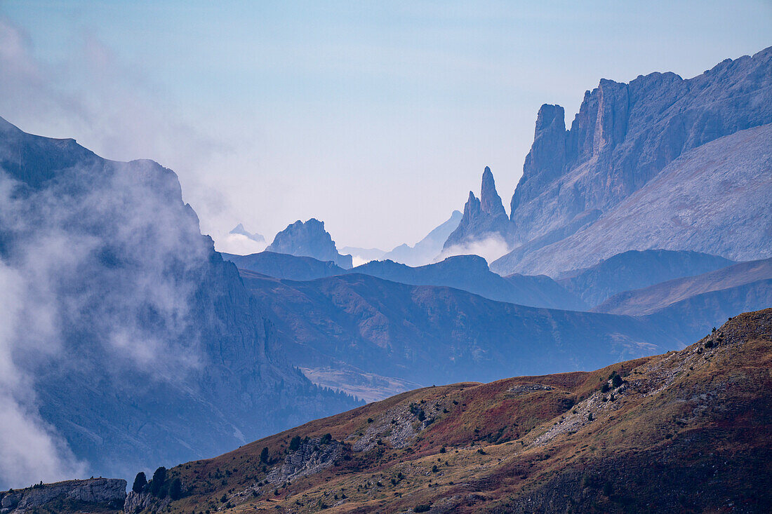 Blick von der Seceda auf die Vajolet-Türme, Grödnertal, Bozen, Südtirol, Italien