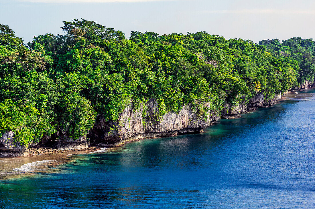 Felsenküste und Palmenwald auf den Conflict-Inseln (auch Conflict Atoll), ein Atoll in der Salomonensee, Provinz Milne Bay, Papua-Neuguinea, Melanesien, Südsee