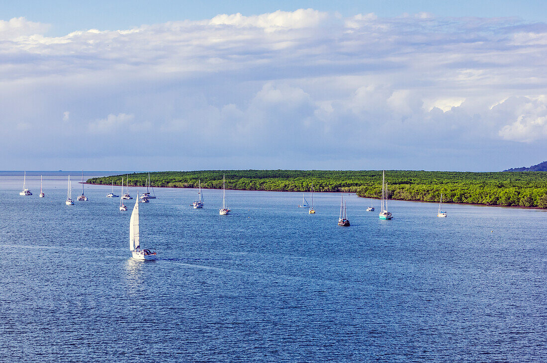 Segelboote in idyllischer Meeresbucht, Great Barrier Reef, bei der Stadt Cairns, Queensland, Australien