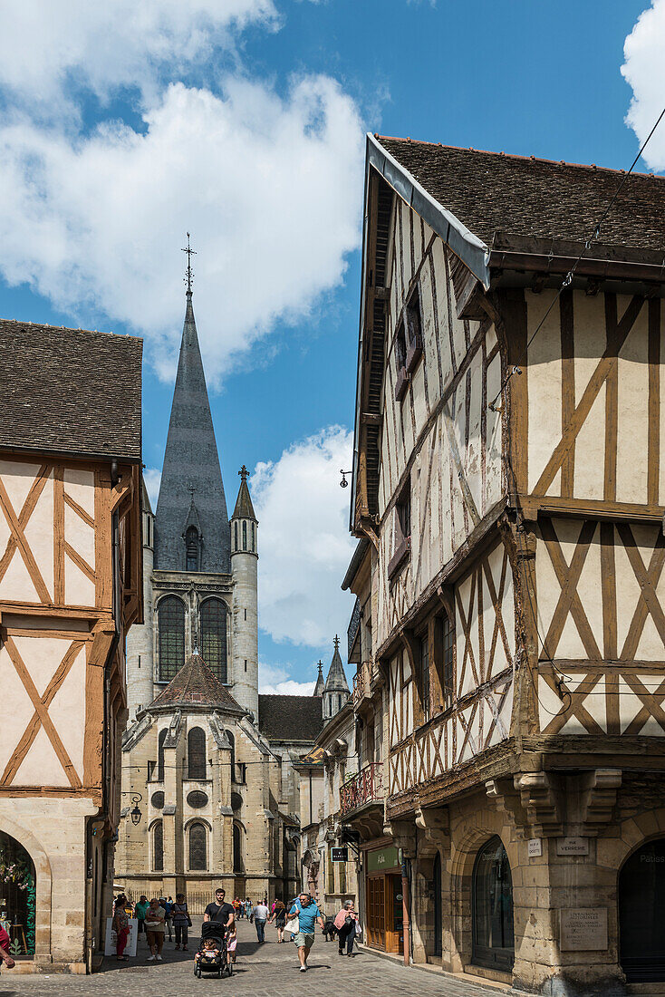 Fachwerkhäuser und Kirche Notre-Dame in der Altstadt, Dijon, Bourgogne-Franche-Comté, Departement Côte d'Or, Burgund, Frankreich