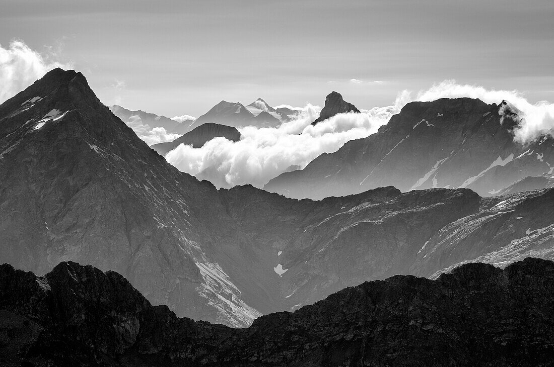 Blick auf Innere Wetterspitze, Hochfeiler und Pflerscher Tribulaun, vom Großen Trögler, Stubaier Alpen, Tirol, Österreich