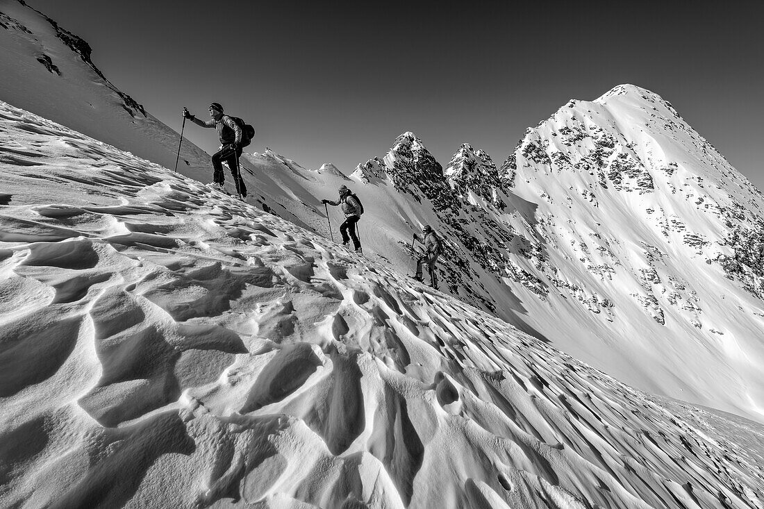 Drei Personen auf Skitour steigen durch Windgangeln im Höllensteinkar auf, Zillertaler Alpen, Naturpark Zillertaler Alpen, Tirol, Österreich