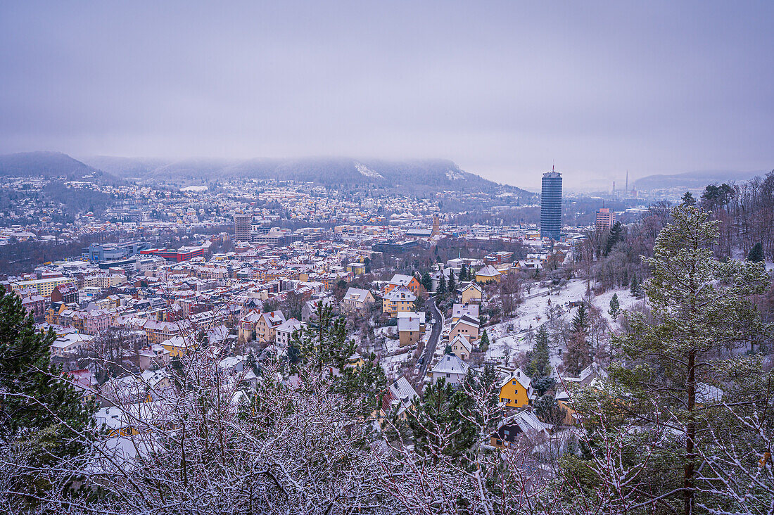  Jena in winter with the Jentower in the city center under a cloudy sky, Jena, Thuringia, Germany 